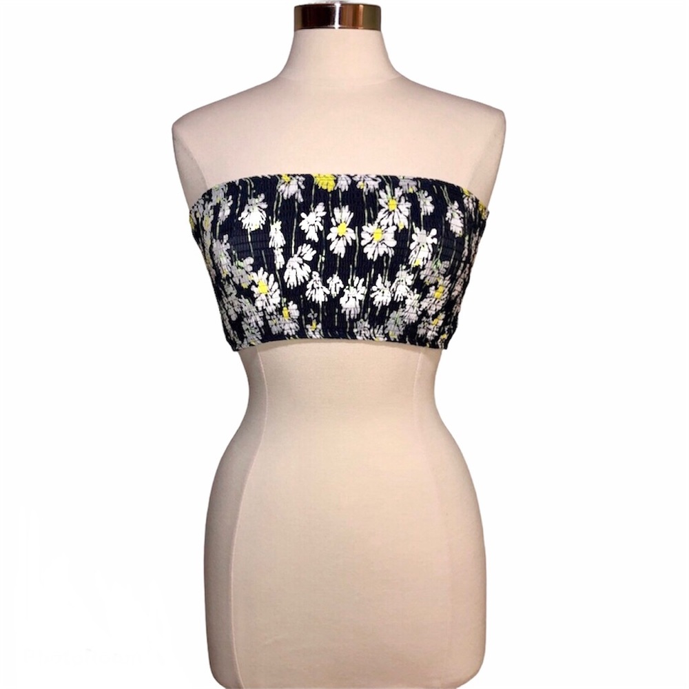 NEW TOPSHOP Black Shirred Flower Bandeau Crop Top